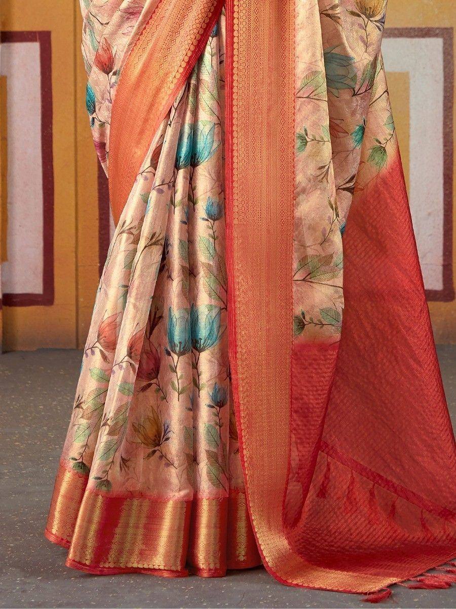 Floral print saree with orange border, ethnic Indian wear for women
