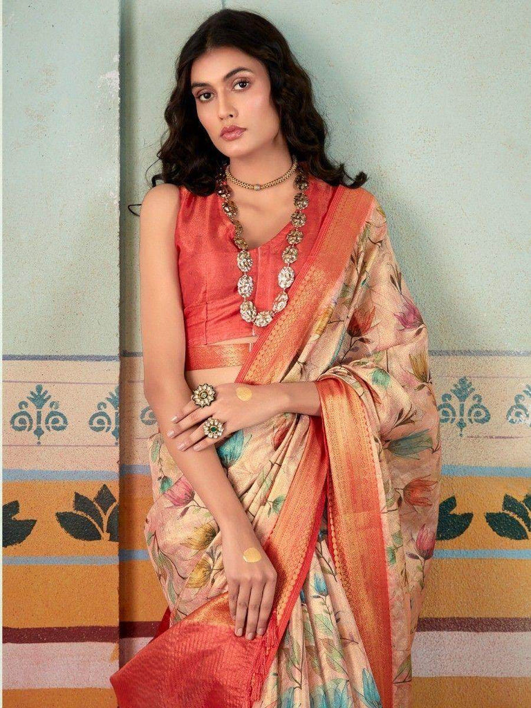 Bewitching Beige Floral Printed Silk Festival Wear Saree With Blouse