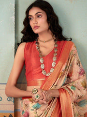 Bewitching Beige Floral Printed Silk Festival Wear Saree With Blouse