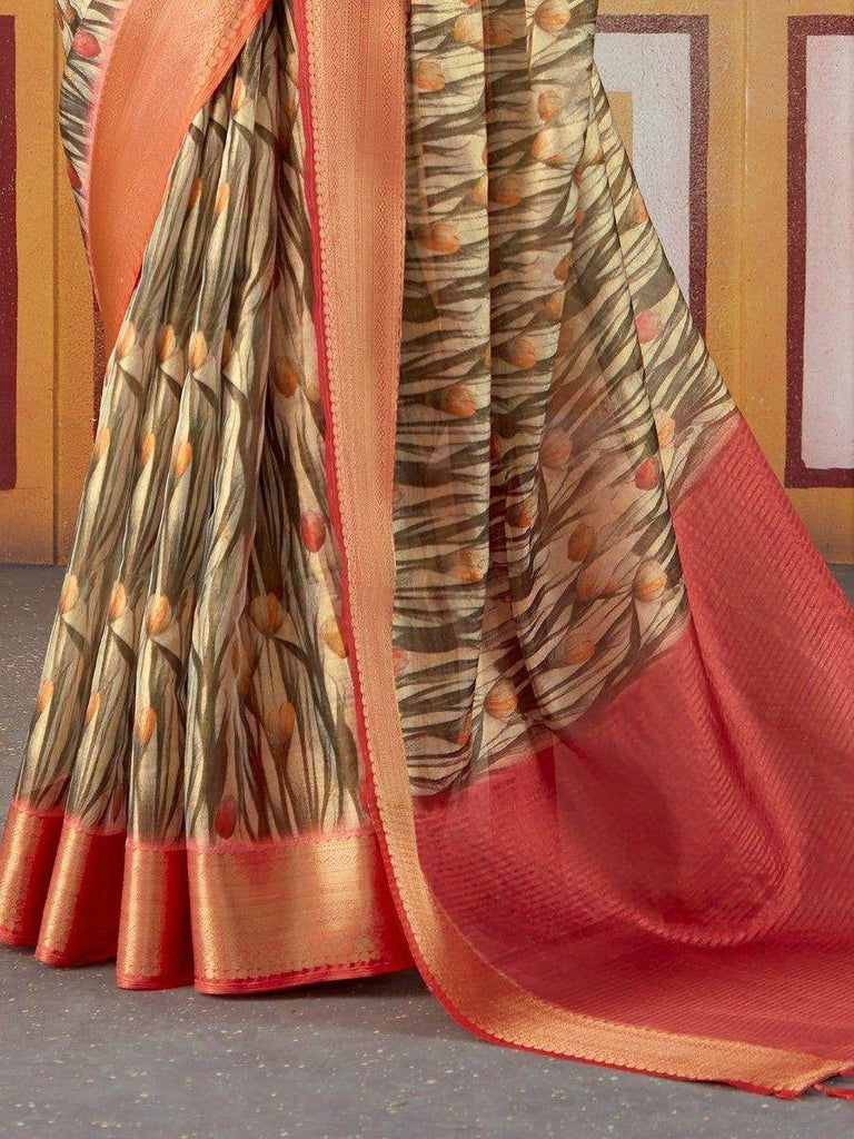 Fabulous Cream Floral Printed Silk Function Wear Saree With Blouse