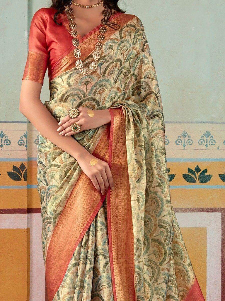 Attractive Beige Digital Printed Silk Traditional Saree With Blouse
