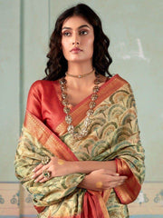 Attractive Beige Digital Printed Silk Traditional Saree With Blouse