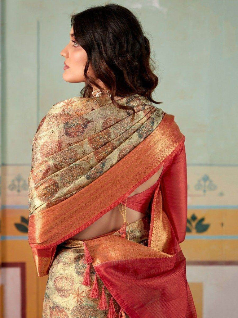Gorgeous Cream Digital Printed Silk Festival Wear Saree With Blouse