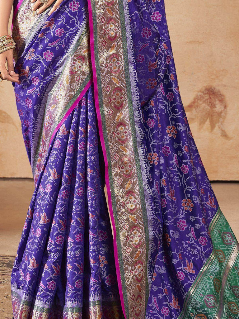 Amazing Blue Zari Weaving Patola Silk Festival Wear Saree With Blouse