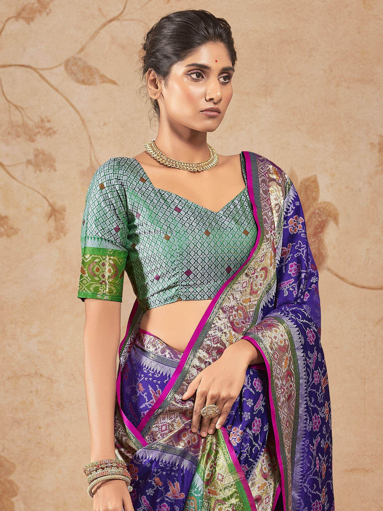 Amazing Blue Zari Weaving Patola Silk Festival Wear Saree With Blouse