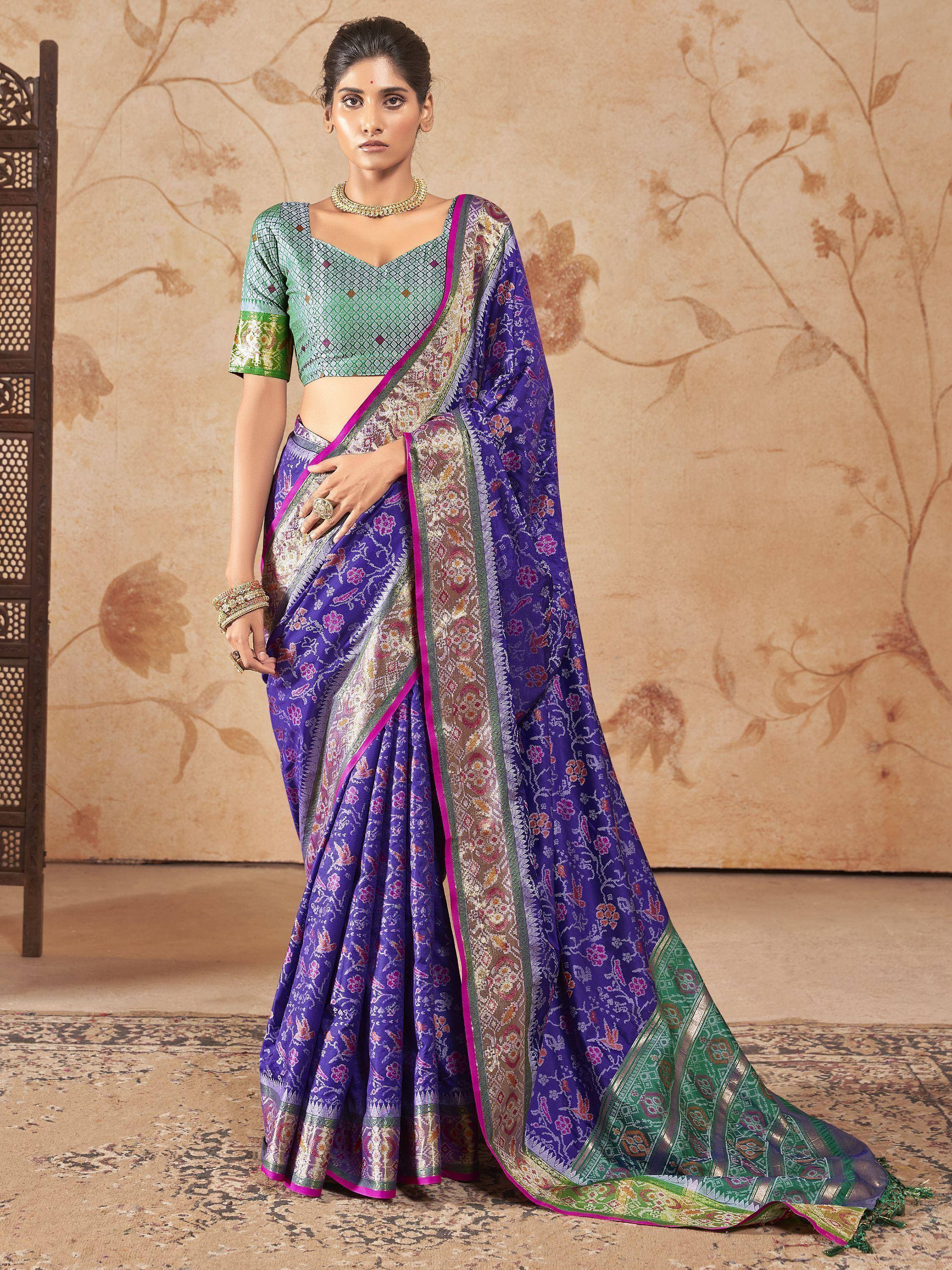 Purple floral saree with green blouse, ethnic Indian wear for women, designer silk saree with zari border
