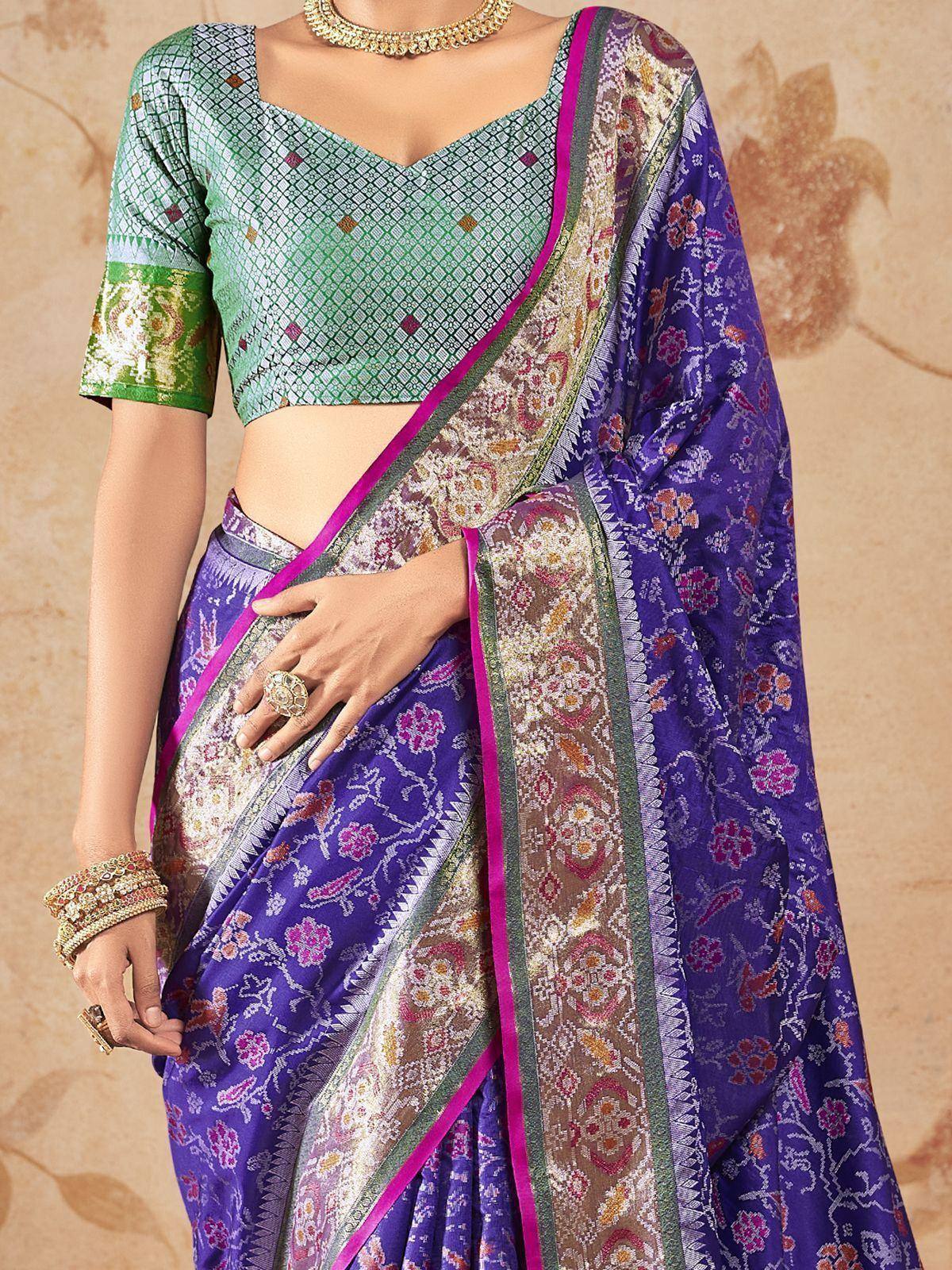 Purple floral saree with green patterned blouse, ethnic Indian wear for women