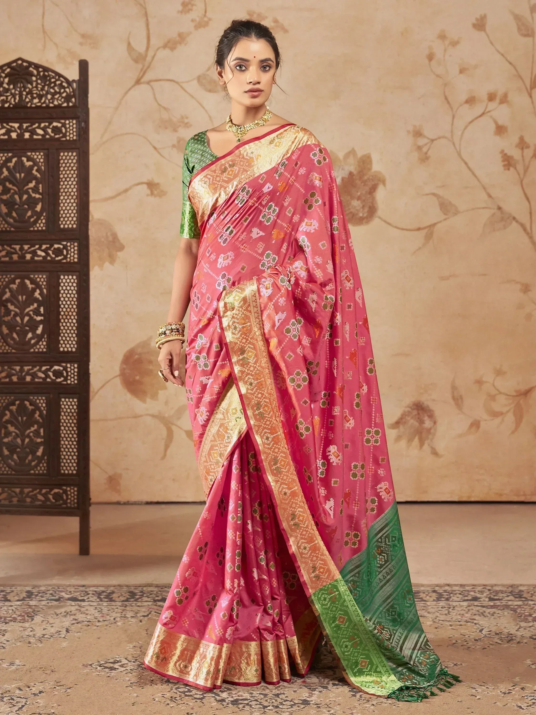 Pink and green designer saree with gold border, ethnic wear for women
