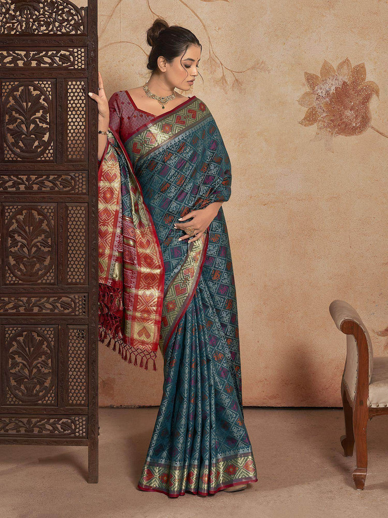 Alluring Blue Zari Weaving Patola Silk Festival Wear Saree With Blouse