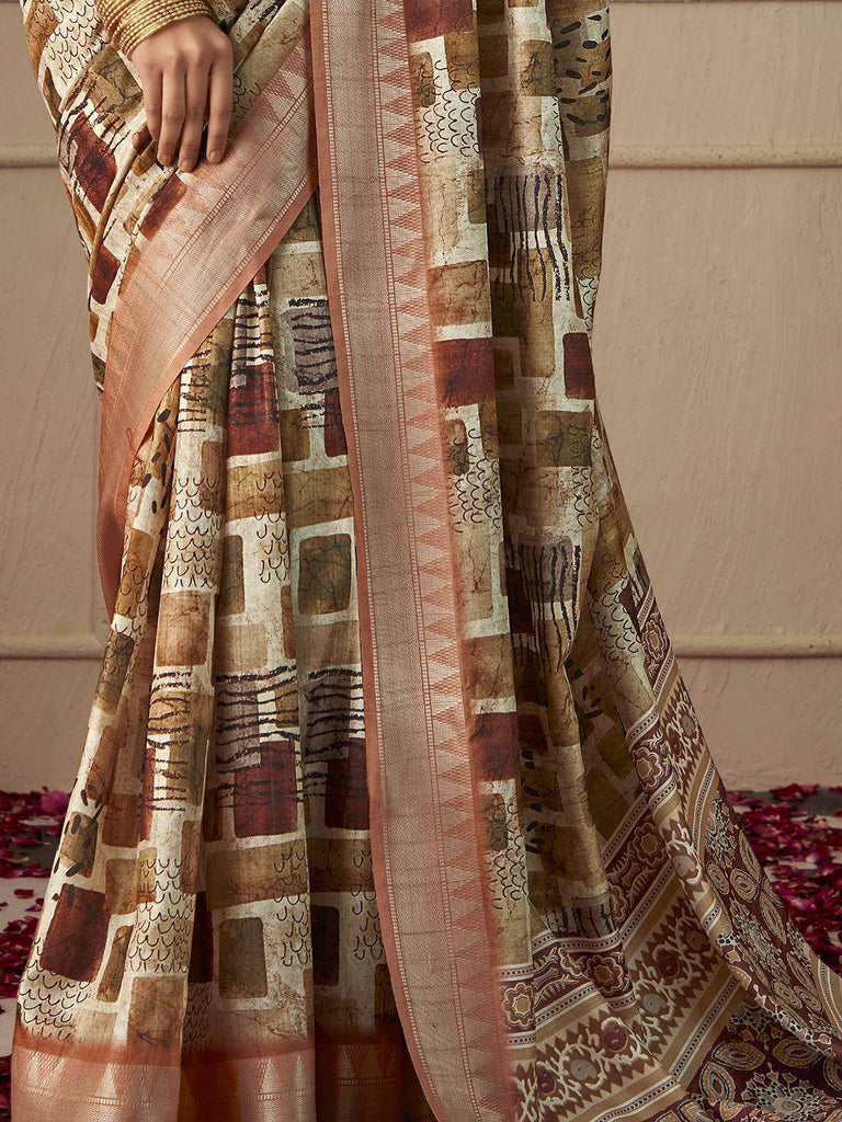 Bewitching Beige Digital Printed Silk Party Wear Saree With Blouse