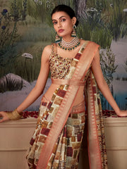 Bewitching Beige Digital Printed Silk Party Wear Saree With Blouse