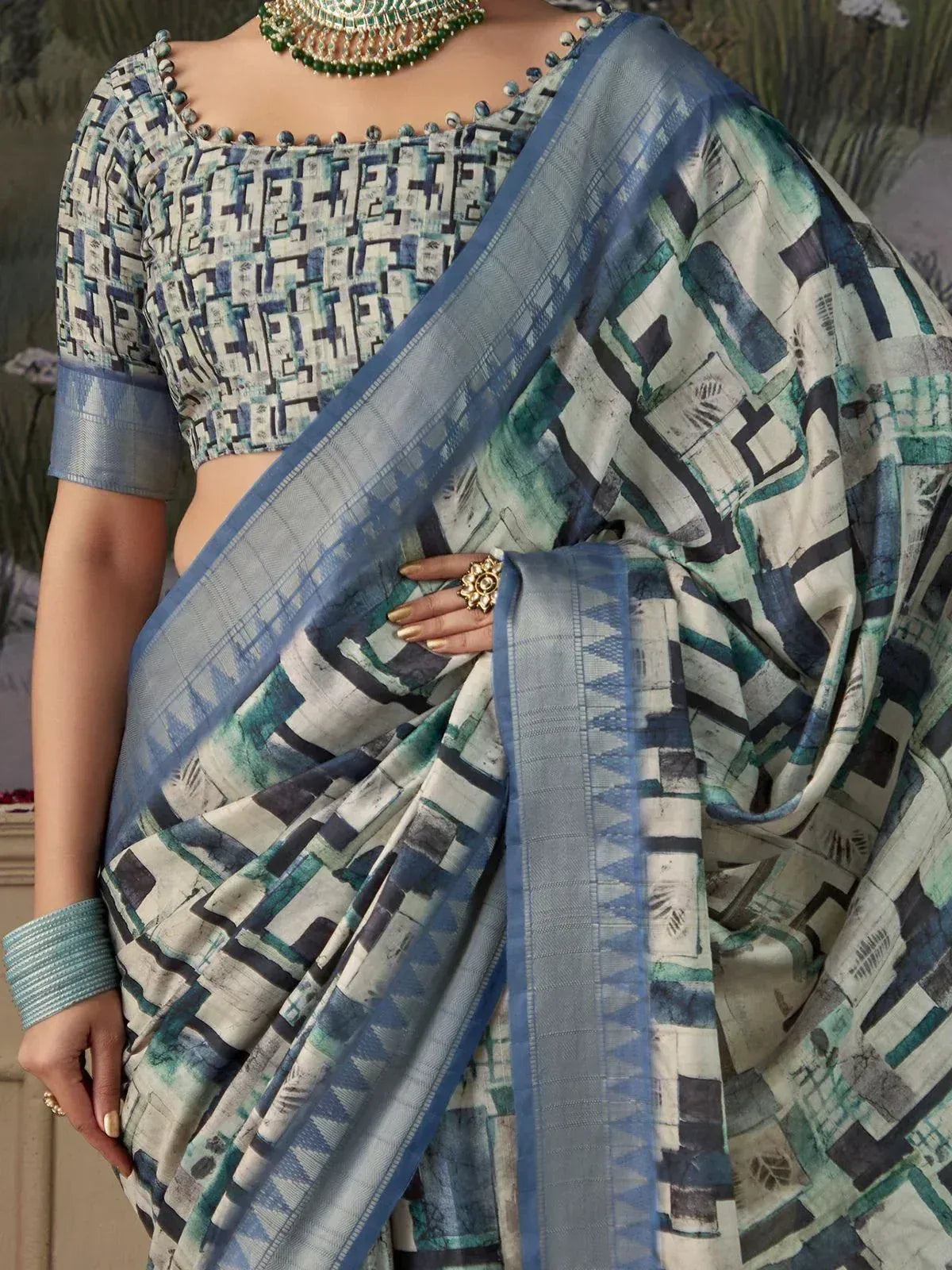 Blue and green abstract print saree with geometric blouse, ethnic Indian wear