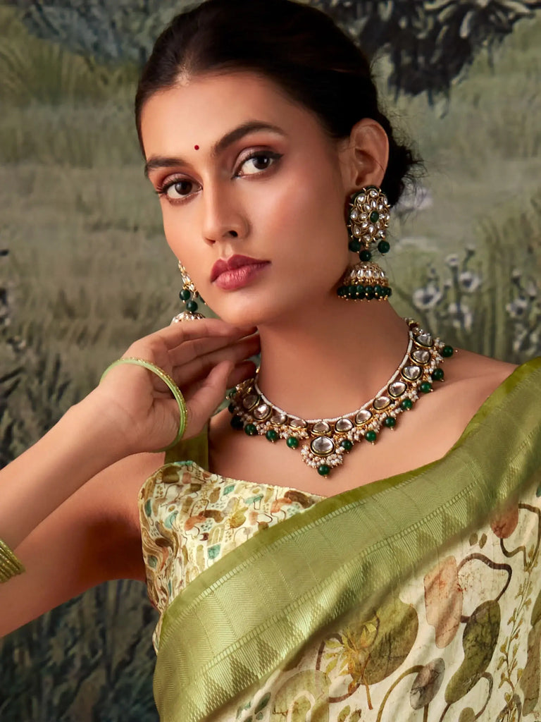 Enchanting Green & White Digital Printed Silk Saree With Blouse