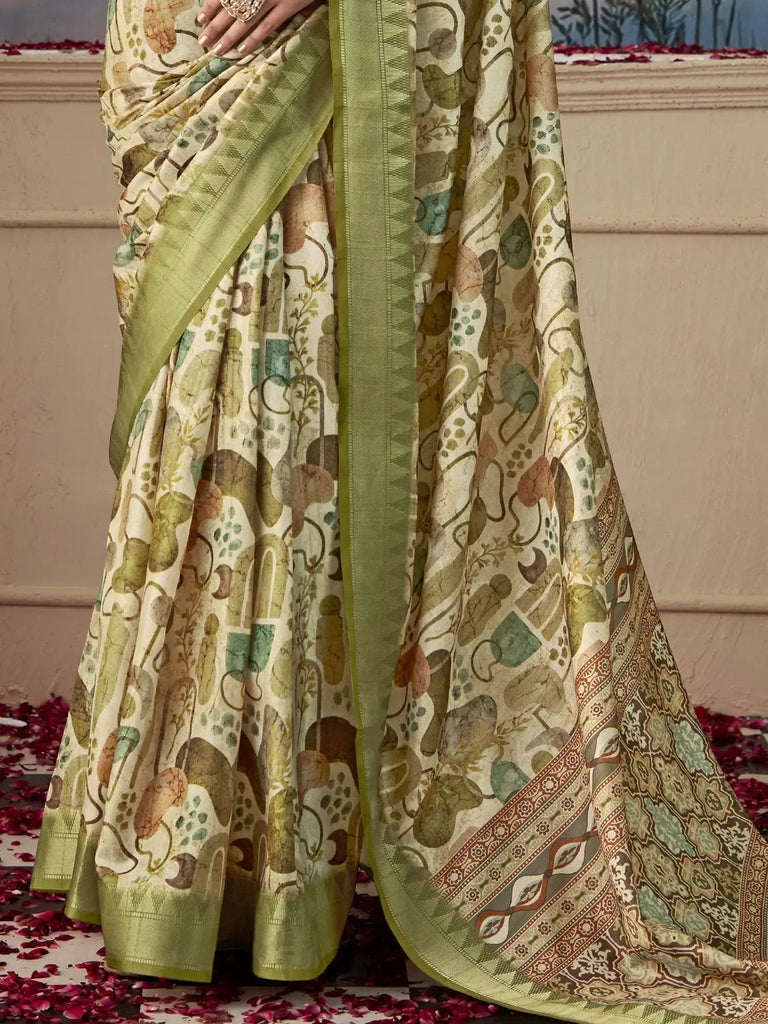 Enchanting Green & White Digital Printed Silk Saree With Blouse