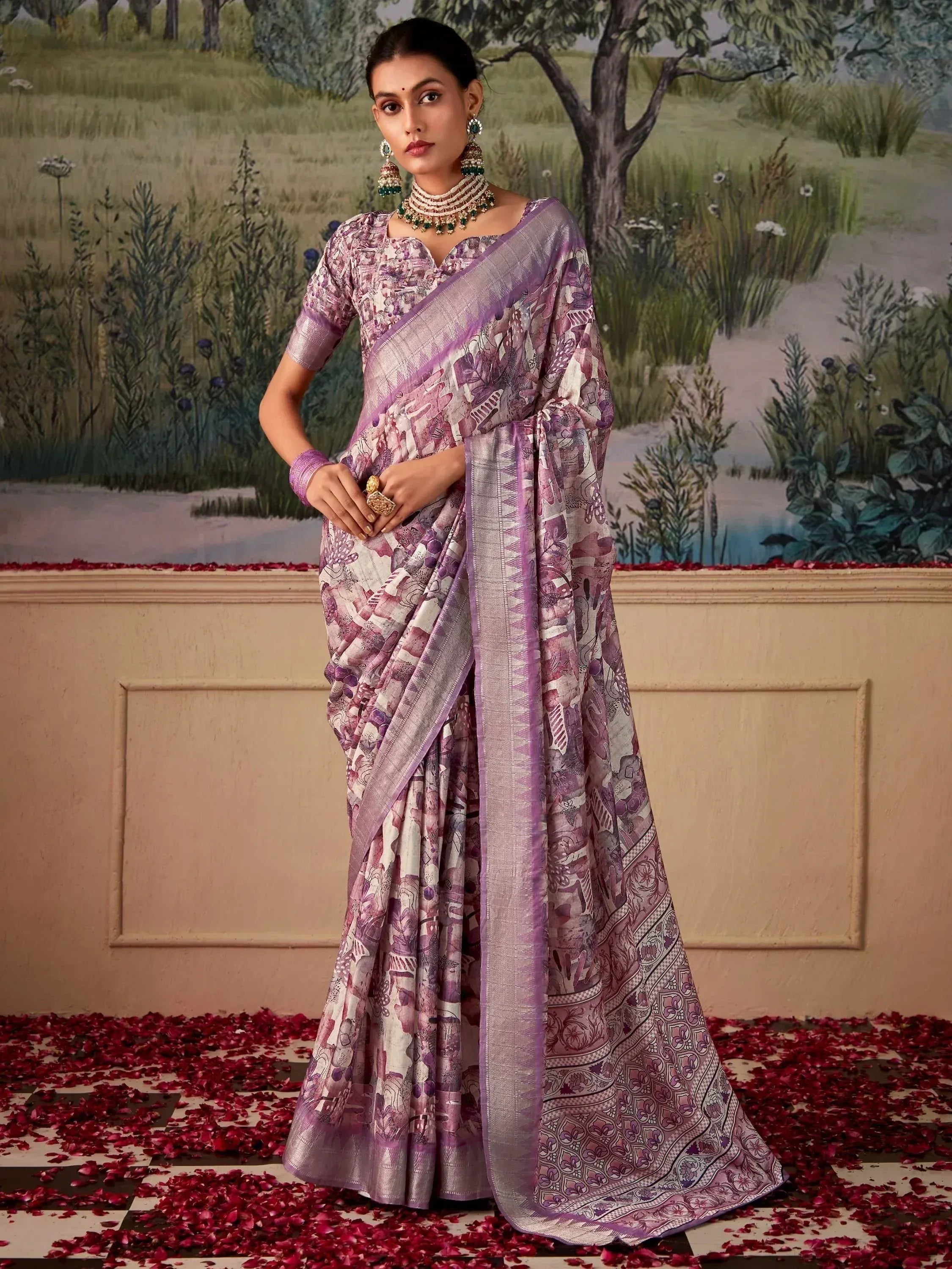 Purple printed designer saree with blouse, ethnic wear for women, floral backdrop with rose petals