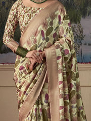 Astonishing Cream Digital Printed Silk Festival Wear Saree With Blouse