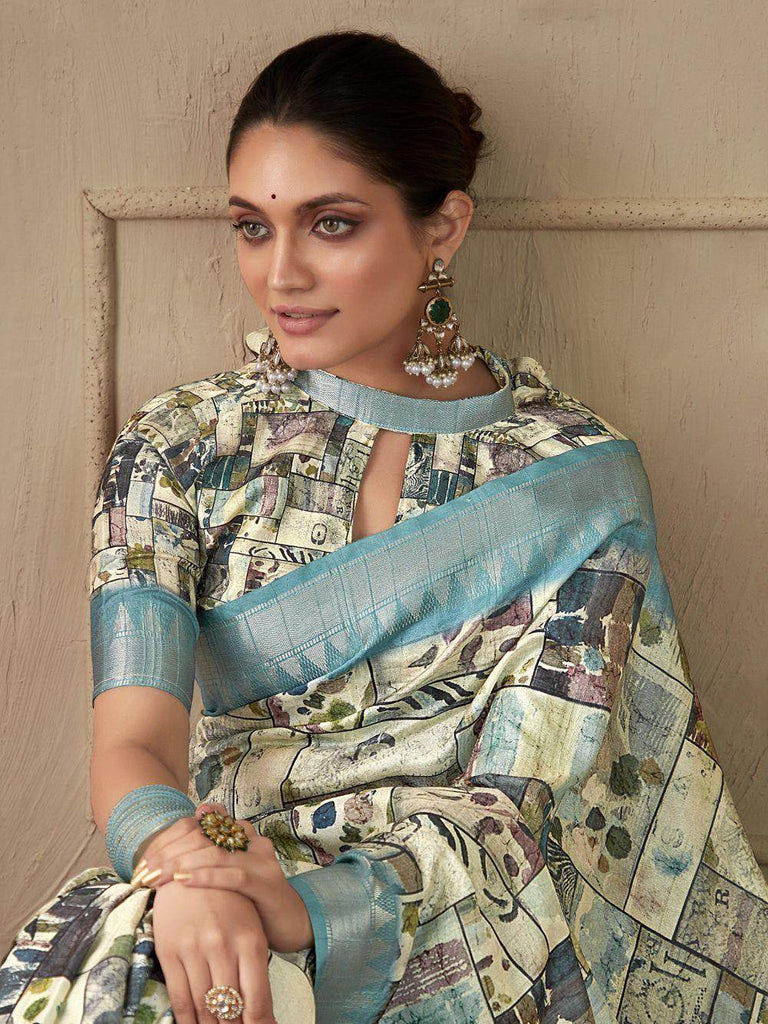 Wonderful Blue Digital Printed Silk Event Wear Saree With Blouse