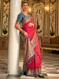 Fascinating Coral Red Zari Weaving Banarasi Silk Wedding Wear Saree