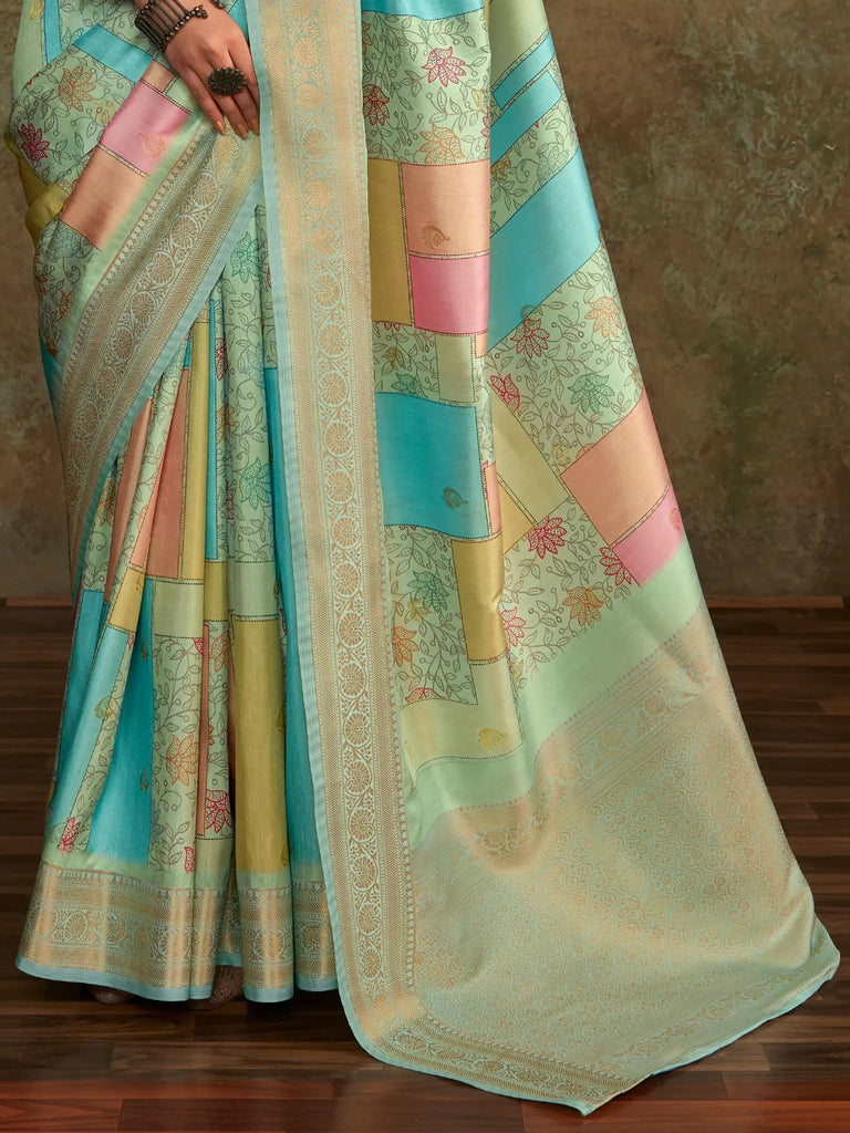 Majestic Pista Green Digital Printed Silk Traditional Saree With Blouse
