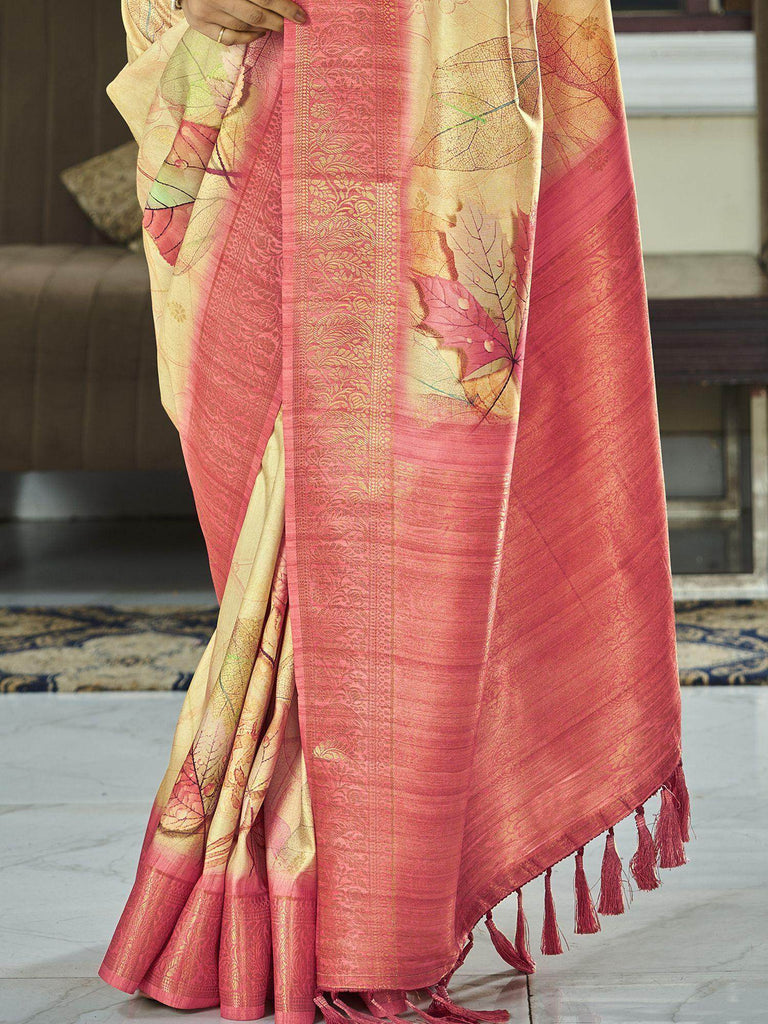 Bewitching Yellow Digital Printed Silk Festival Wear Saree With Blouse