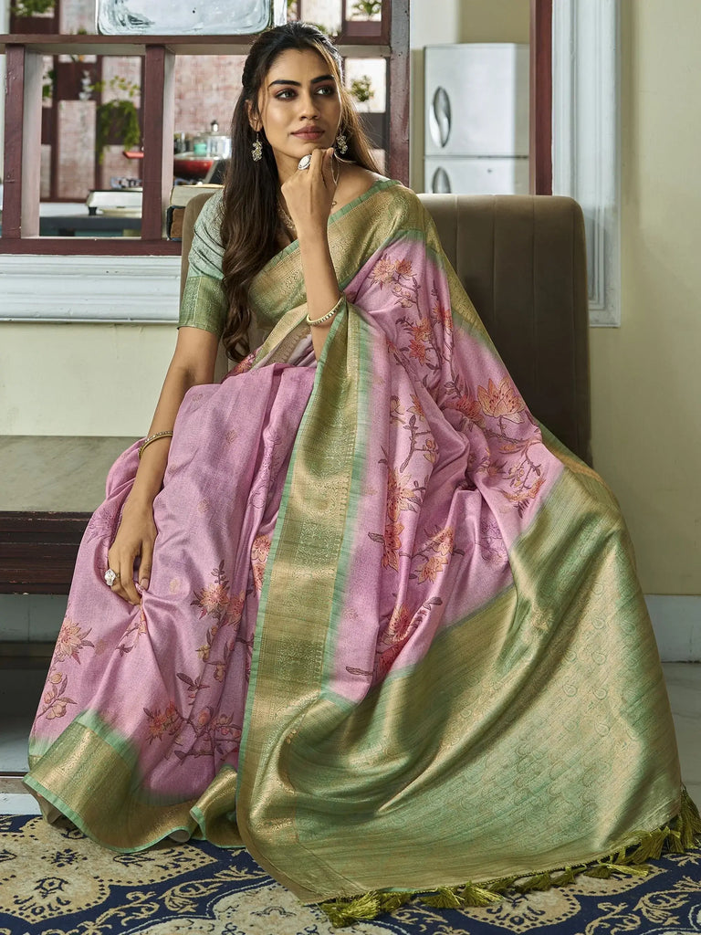 Beautiful Baby Pink Floral Printed Silk Traditional Saree With Blouse