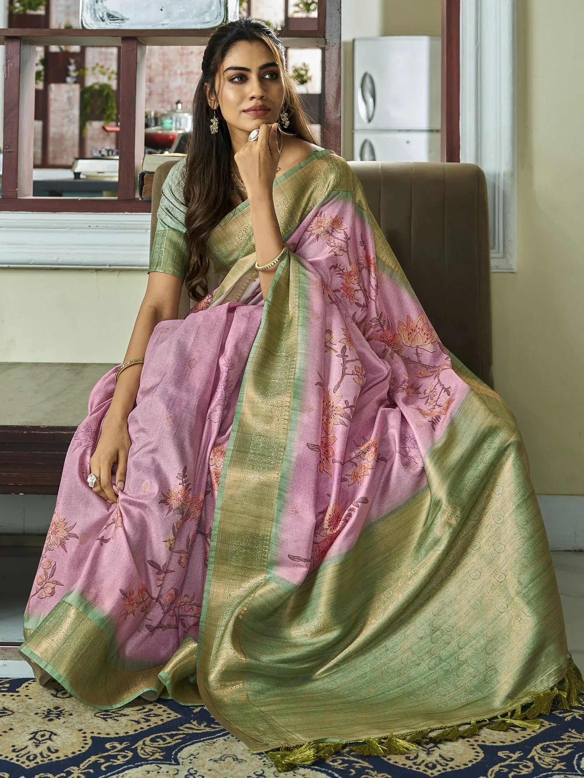 Pink floral saree with green border, elegant Indian ethnic wear for women