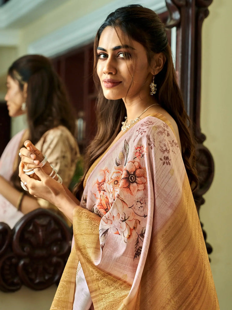 Attractive Pink Floral Printed Silk Function Wear Saree With Blouse