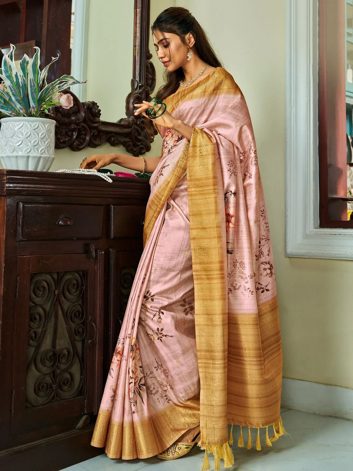 Attractive Pink Floral Printed Silk Function Wear Saree With Blouse