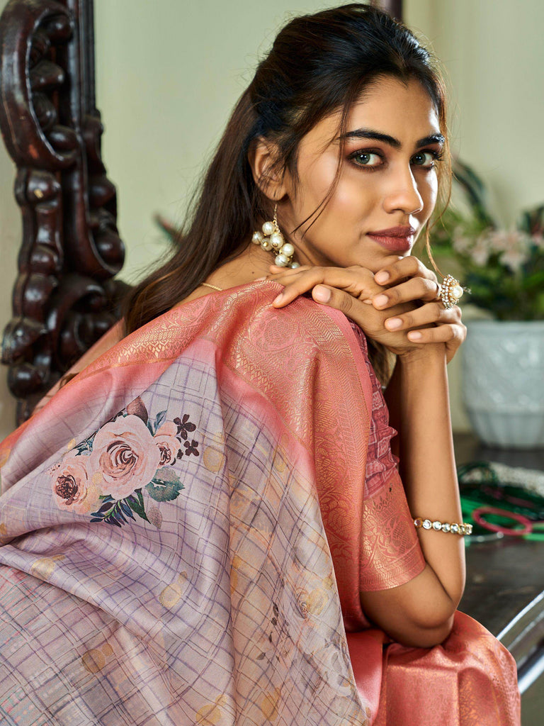 Enchanting Lavender Floral Printed Silk Saree With Blouse
