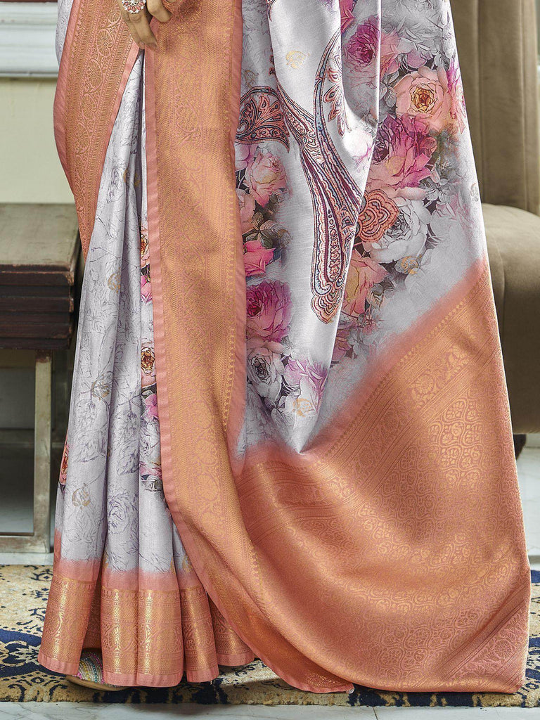 Charming Grey Floral Printed Silk Festival Wear Saree With Blouse