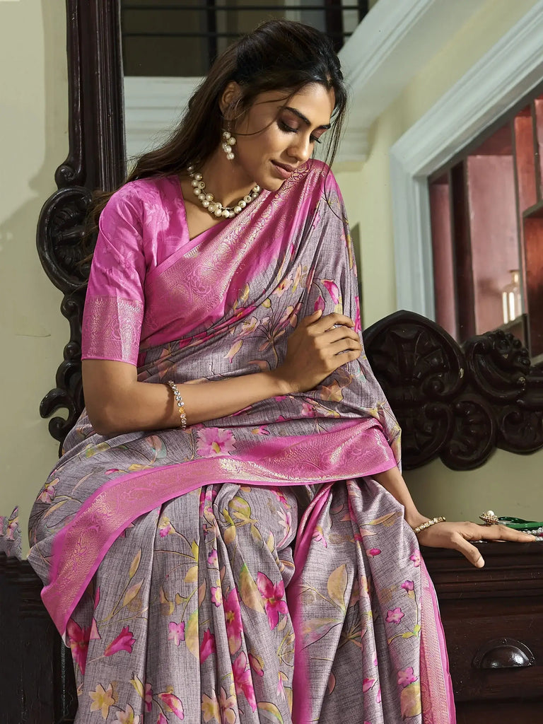 Fascinating Dusty Purple Floral Printed Silk Saree With Blouse