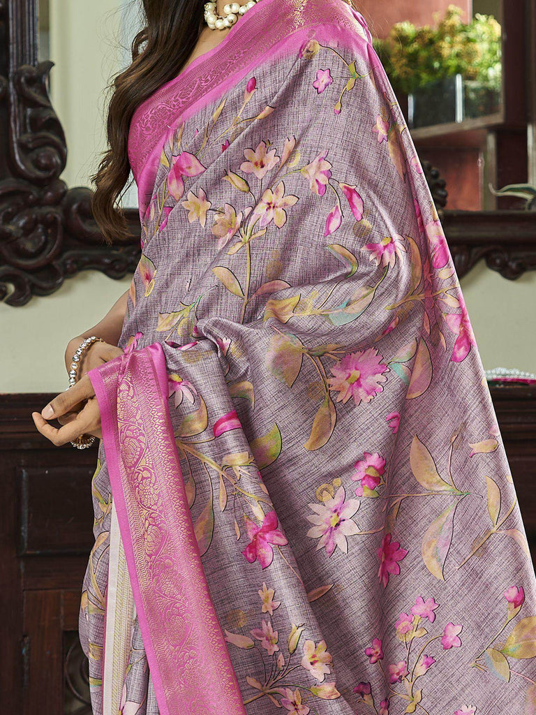 Fascinating Dusty Purple Floral Printed Silk Saree With Blouse