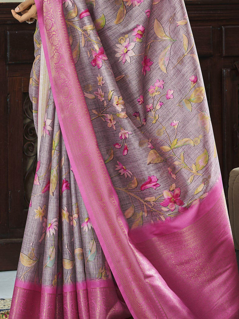 Fascinating Dusty Purple Floral Printed Silk Saree With Blouse