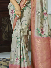 Glamorous Grey Floral Printed Silk Function Wear Saree With Blouse