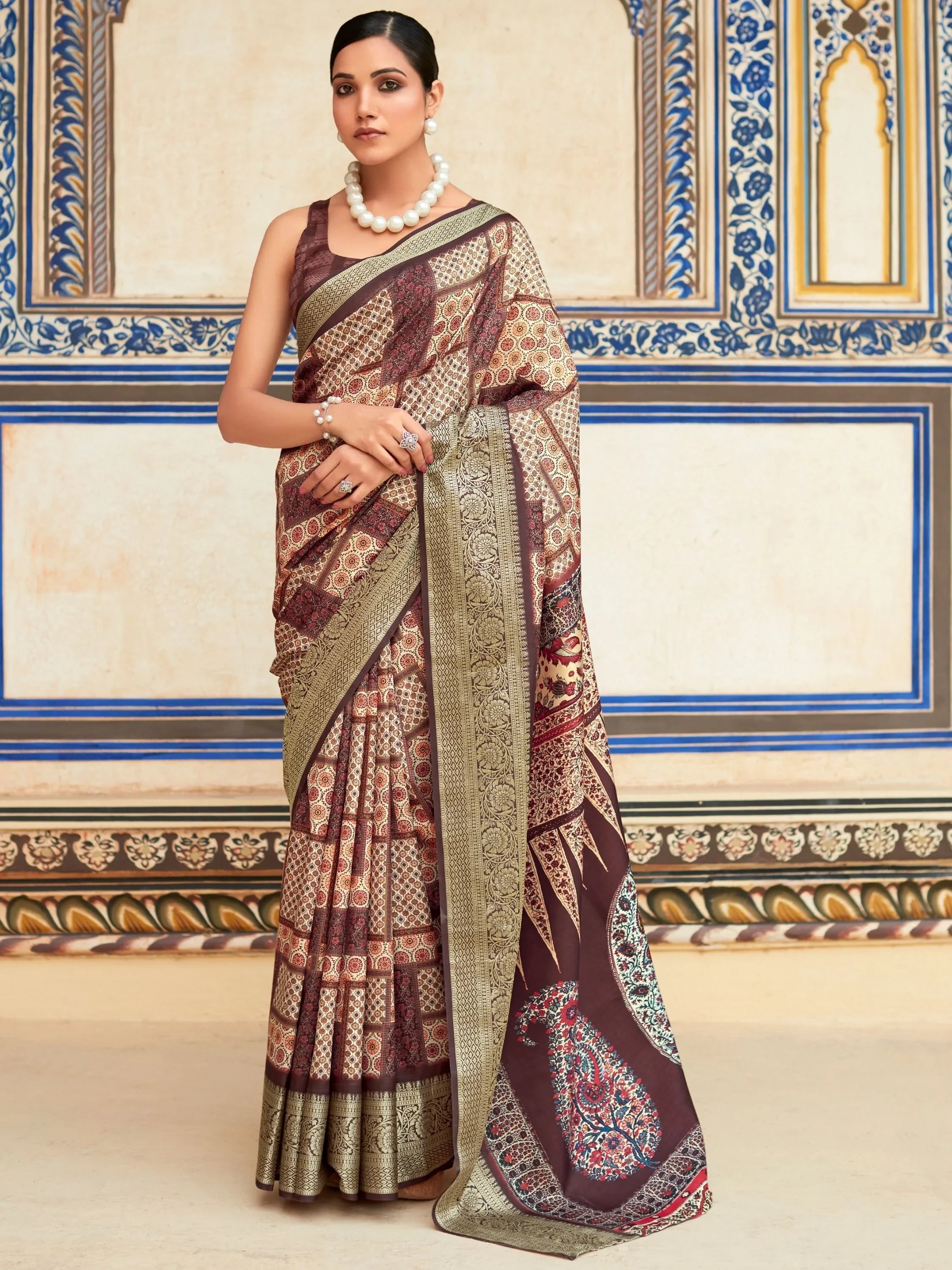 Gorgeous Brown Digital Printed Silk Function Wear Saree With Blouse