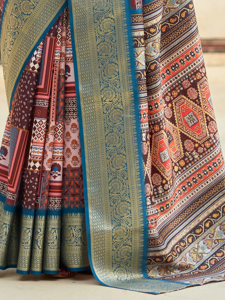 Beautiful Multi-Color Digital Printed Silk Festival Wear Saree With Blouse