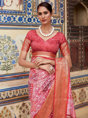 Tantalizing Coral-Red Digital Printed Silk Event Wear Saree With Blouse
