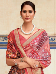 Tantalizing Coral-Red Digital Printed Silk Event Wear Saree With Blouse