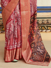 Tantalizing Coral-Red Digital Printed Silk Event Wear Saree With Blouse