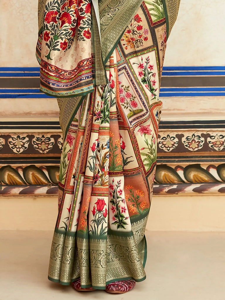 Stunning Multi-Color Digital Printed Festival Wear Silk Saree With Blouse
