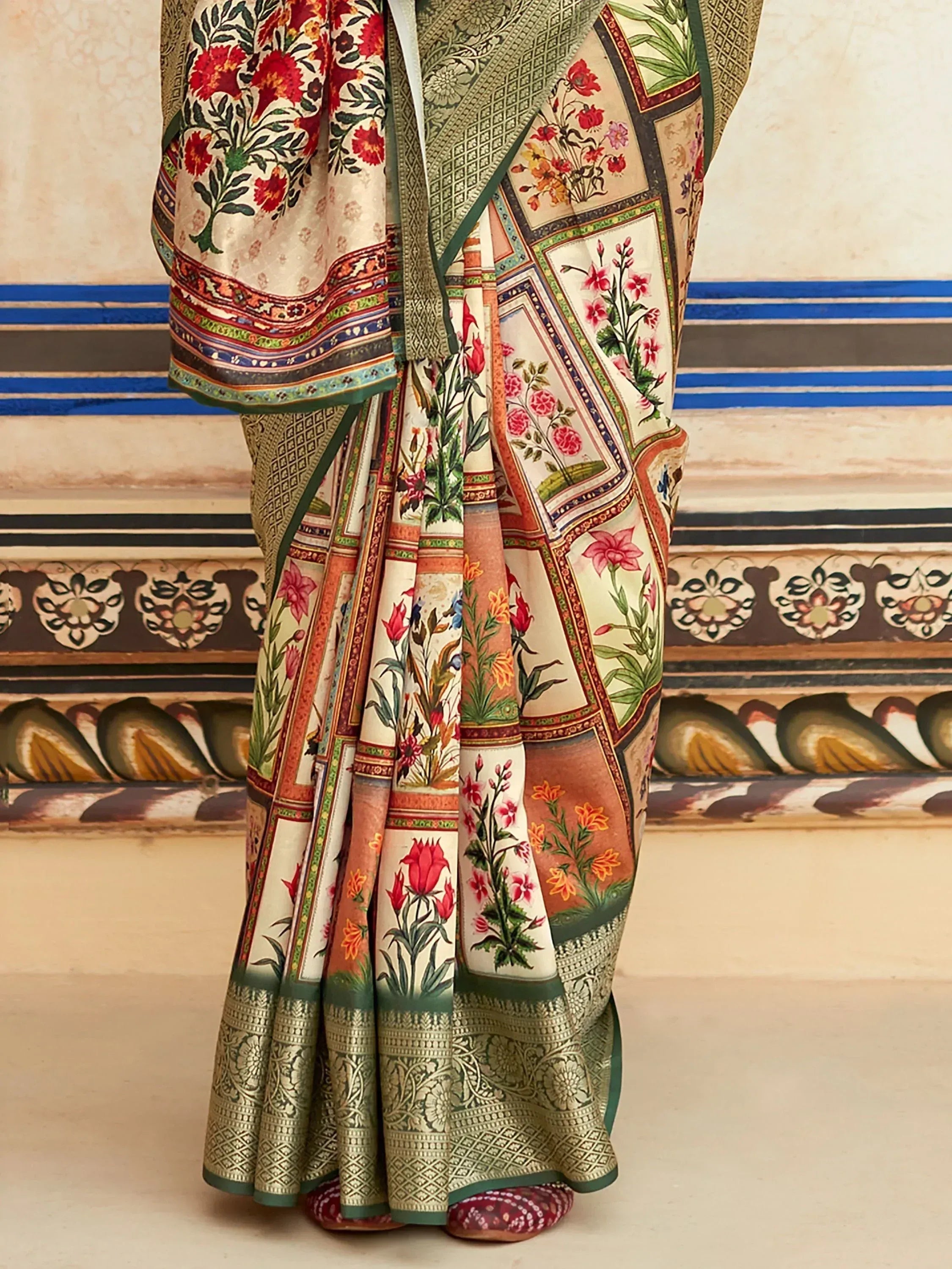 Floral printed Indian saree with intricate border, perfect for ethnic wear and traditional occasions.