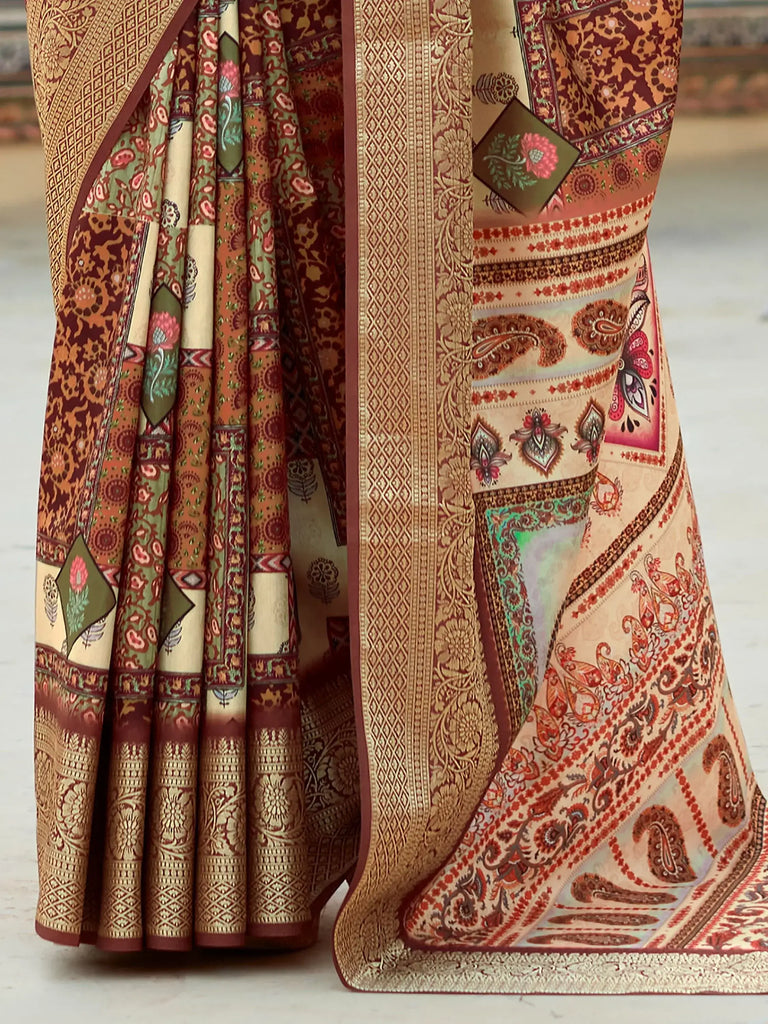 Incredible Brown Digital Printed Silk Events Wear Saree With Blouse