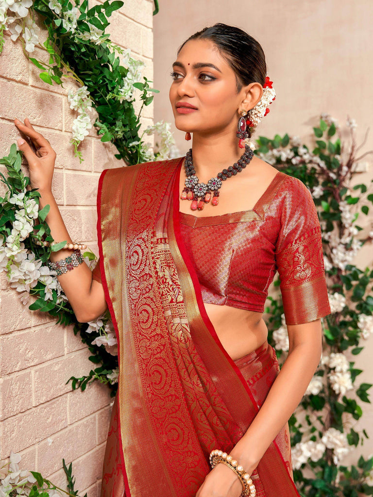 Mesmerizing Red Zari Weaving Silk Wedding Wear Saree With Blouse