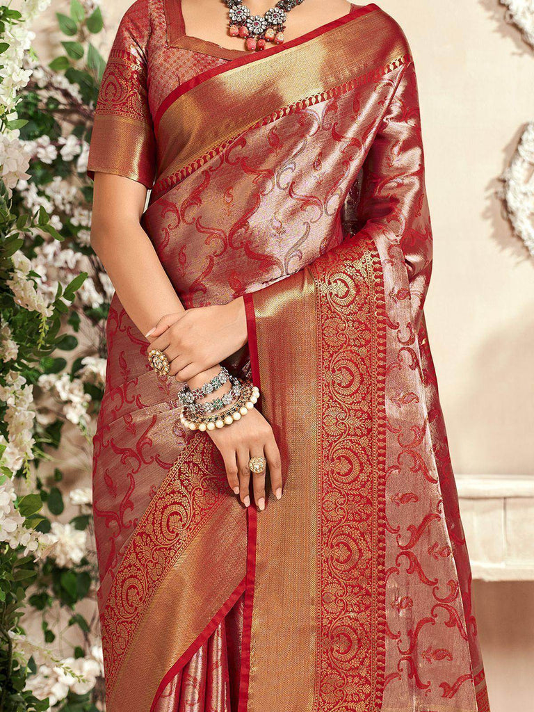 Mesmerizing Red Zari Weaving Silk Wedding Wear Saree With Blouse