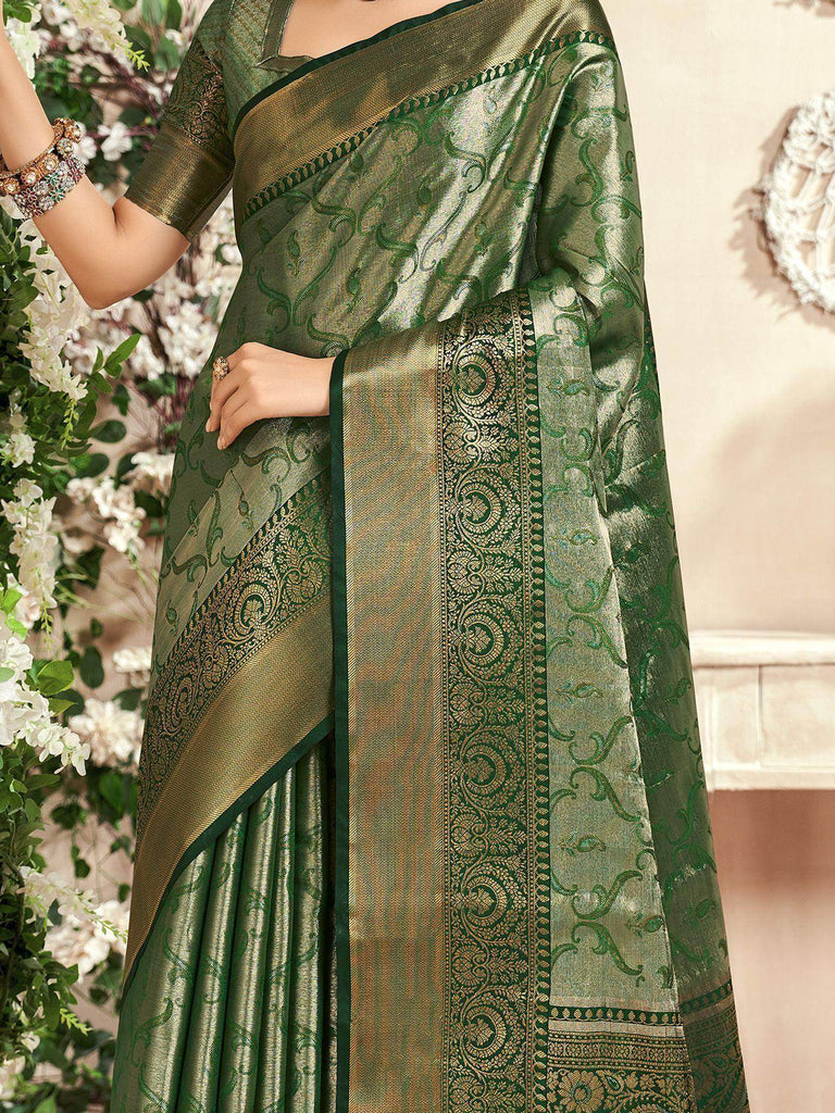 Fascinating Green Zari Weaving Silk Mehendi Wear Saree With Blouse
