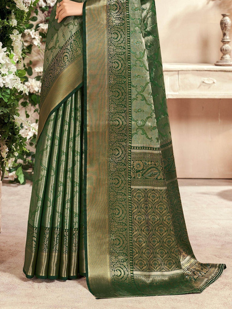 Fascinating Green Zari Weaving Silk Mehendi Wear Saree With Blouse