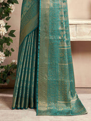 Alluring Teal Green Zari Weaving Silk Festival Wear Saree With Blouse