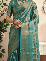 Alluring Teal Green Zari Weaving Silk Festival Wear Saree With Blouse