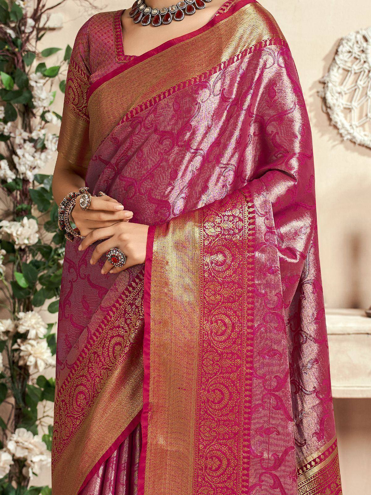 Pink and gold designer saree with intricate paisley patterns, perfect for Indian ethnic wear occasions