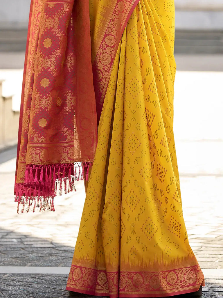Fabulous Yellow Bandhani Printed Silk Haldi Wear Saree With Blouse